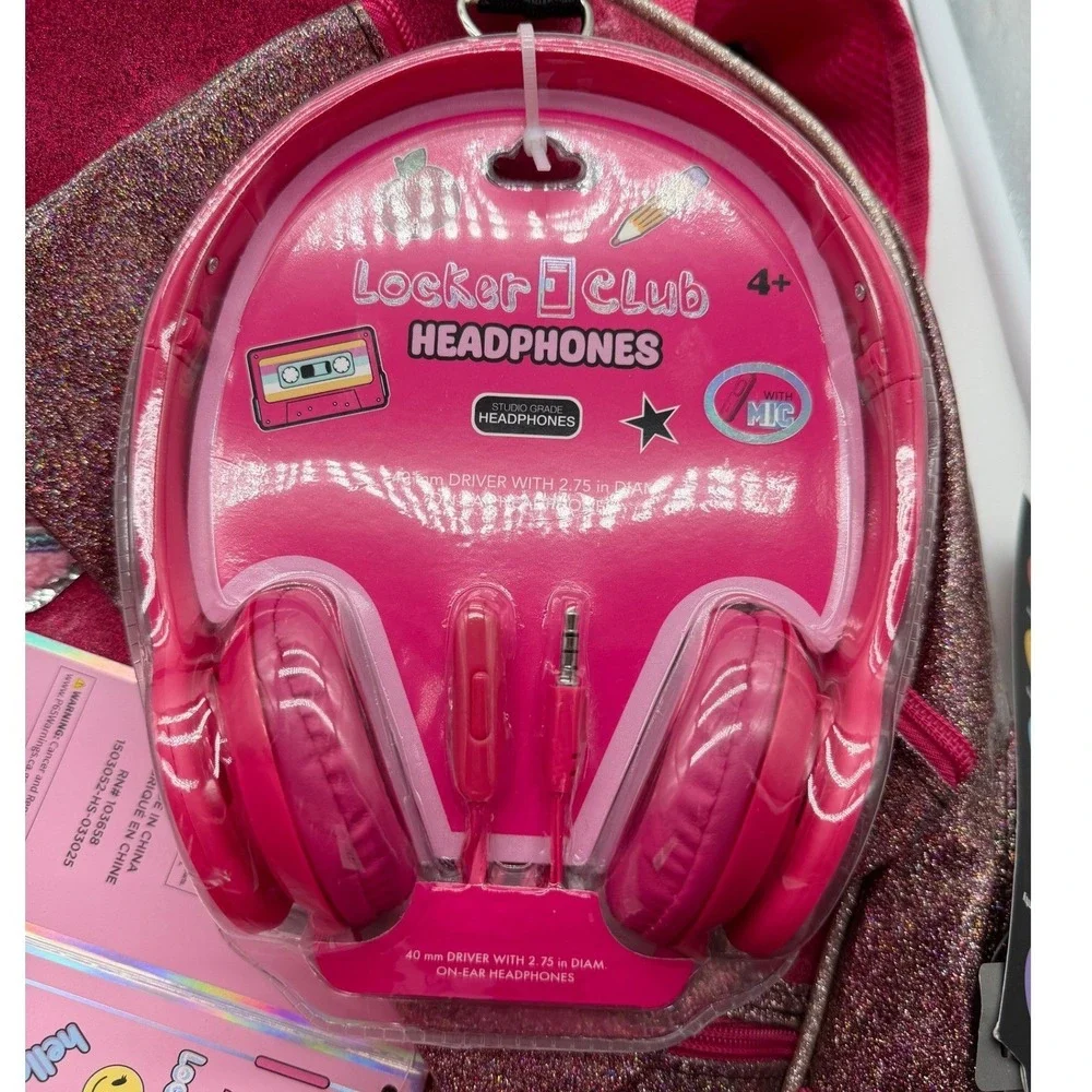 Locker Club 4pc Backpack Set Pink Gold Glitter Lunch Bag Pencil Case Headphones